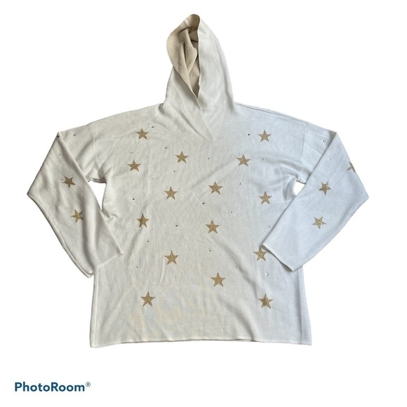 Marled Cream Gold Star Jeweled Hooded Sweater Women’s Large - Picture 1 of 7